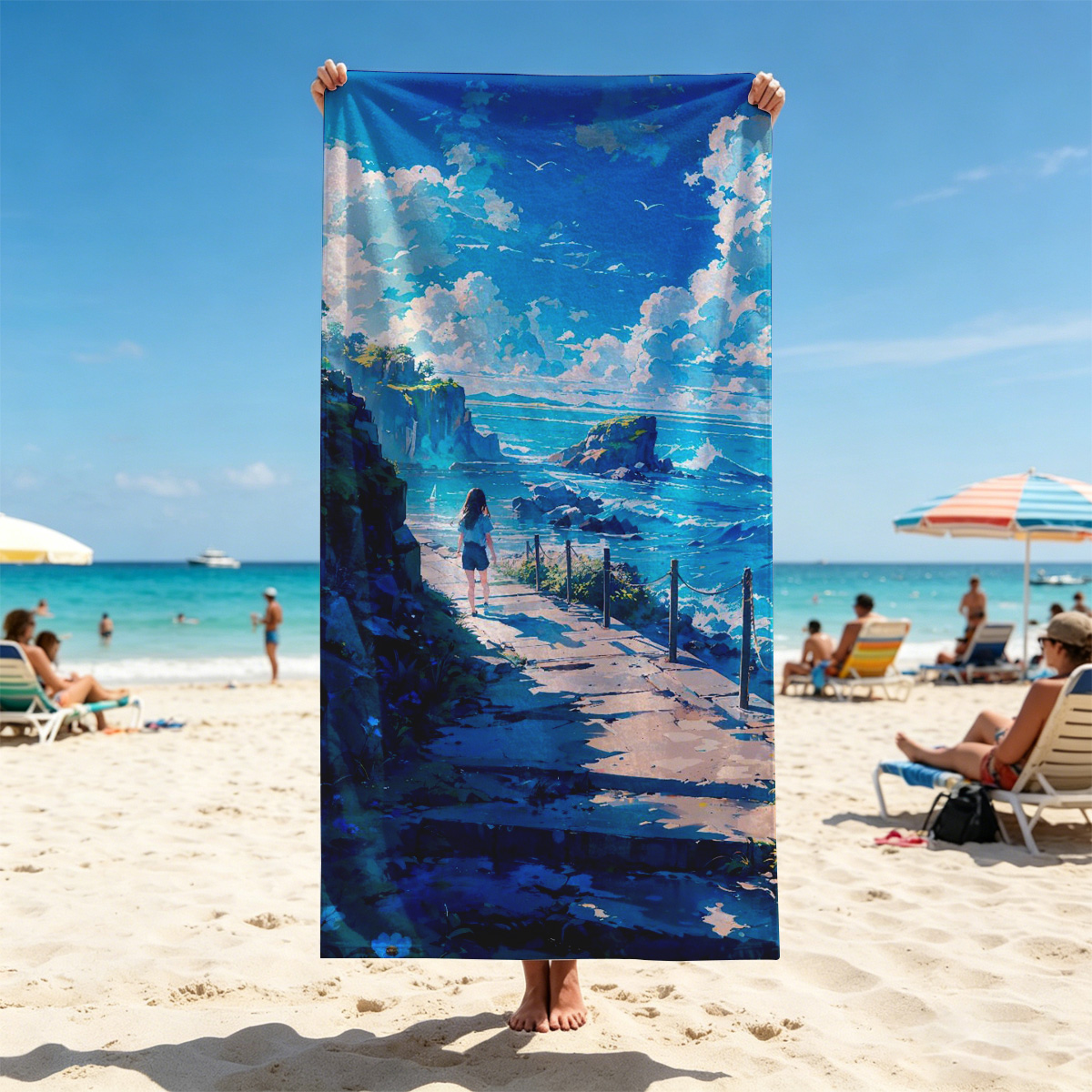 Girl walking on coastal path overlooking turquoise sea and rocky cliffs under bright blue sky - Beach towels