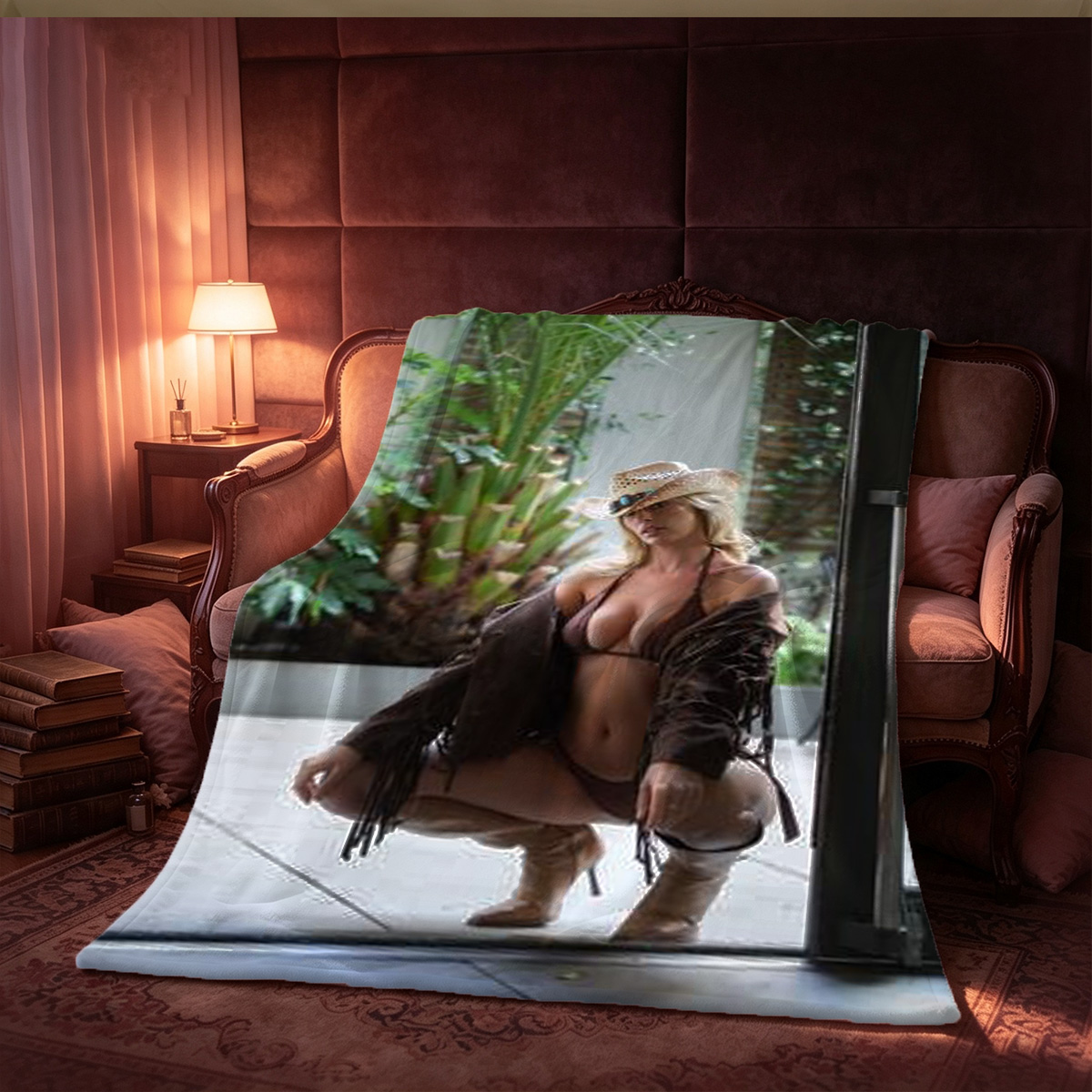 Nude woman with choker lying on grey couch, legs raised. - Blanket