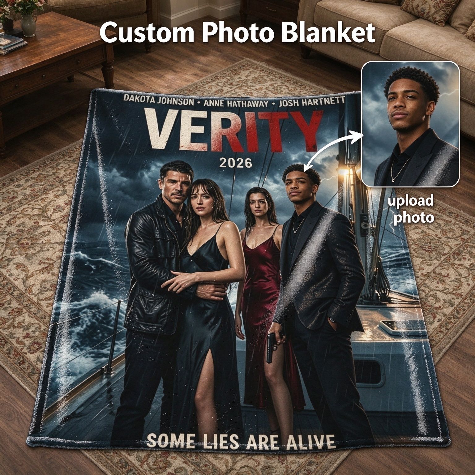 Custom Photo Flannel Blanket Personalized Movie Poster Portrait Design Lightweight Velvet Plush Anti Pilling Throw for