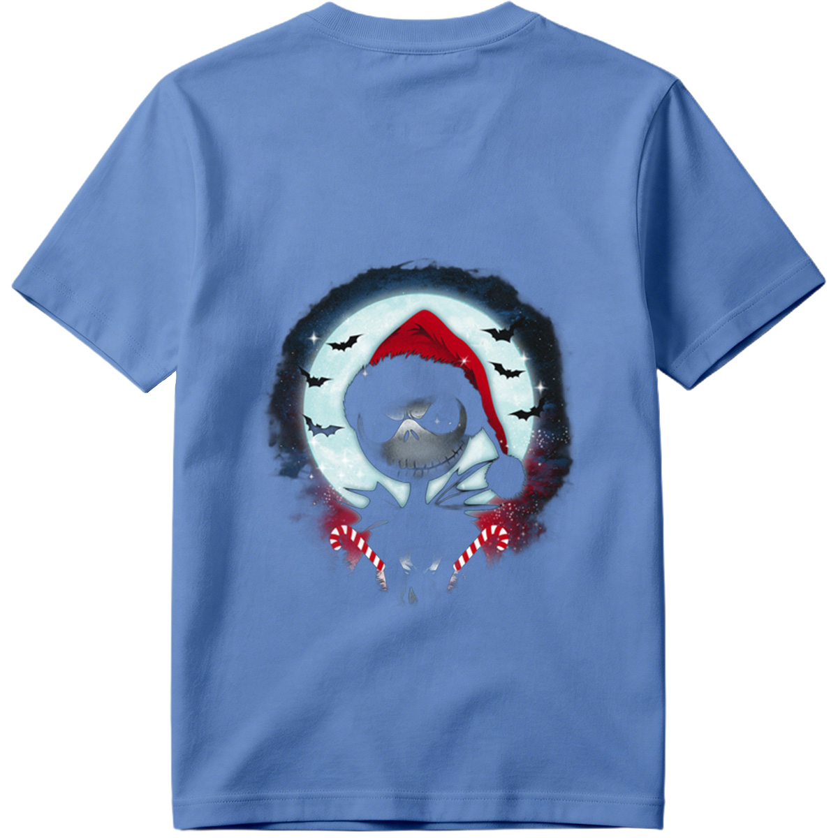 Jack Skellington in Santa Hat with Candy Canes Against Moonlit Sky - Tee