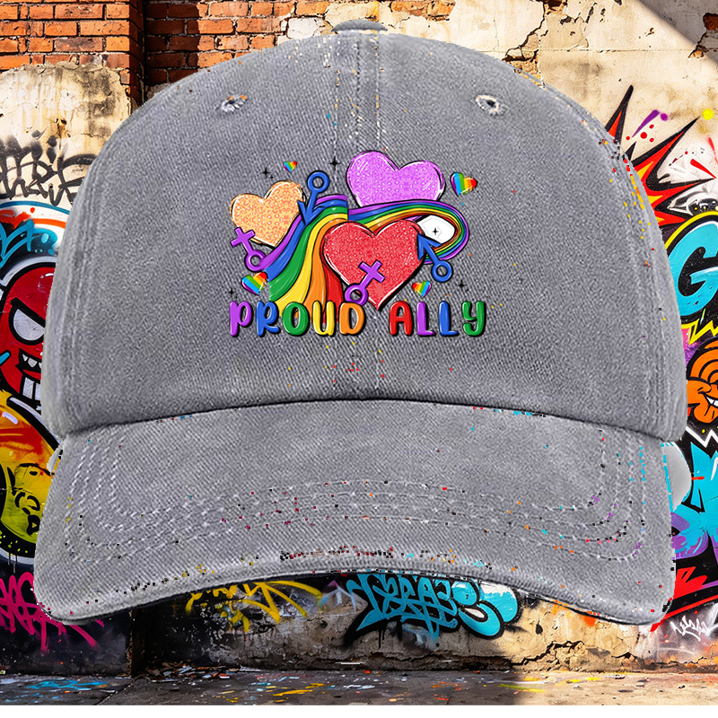 Men's Printed Washed Cap with Rainbow Hearts and 