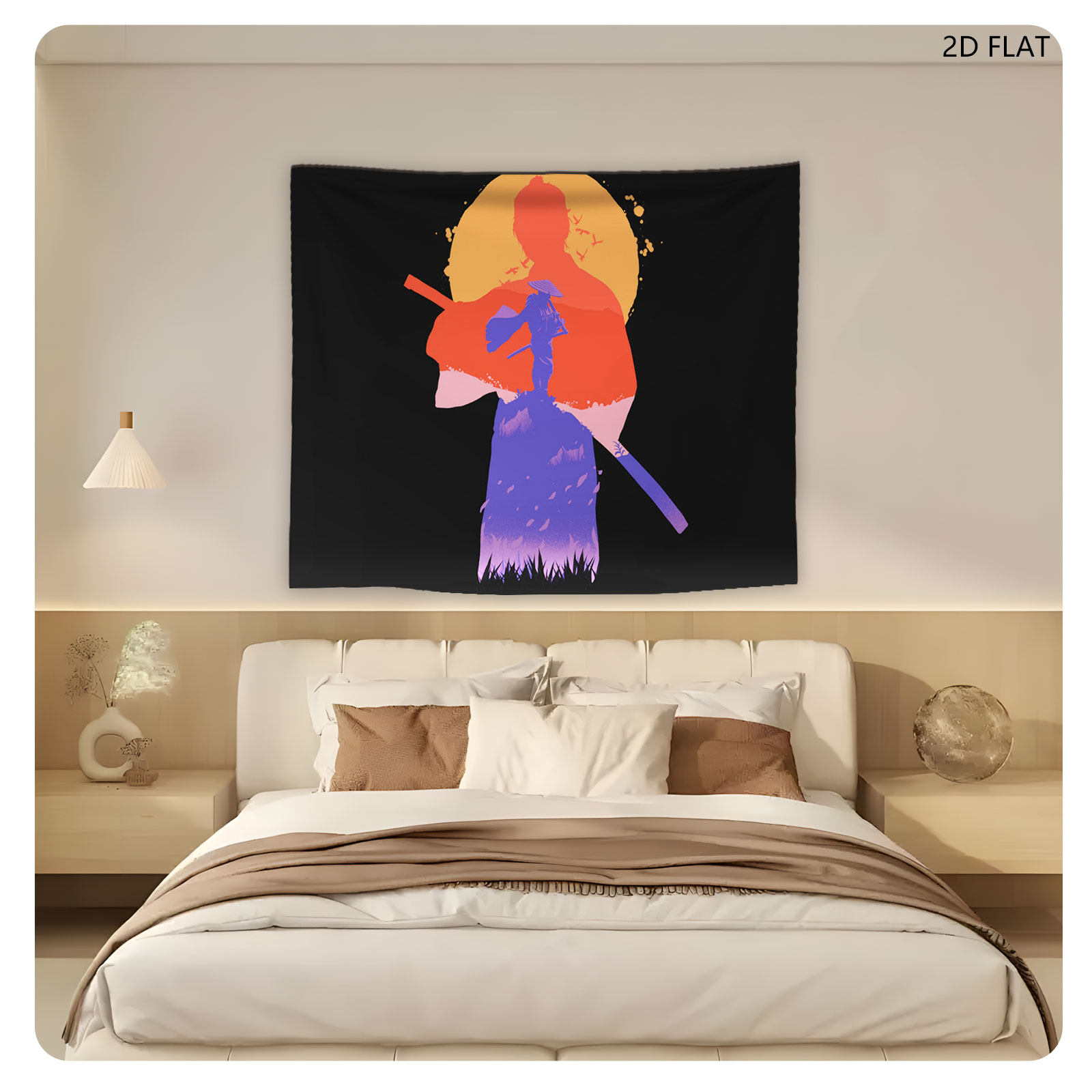 Samurai Silhouette Against Sunset with Mount Fuji and Birds - Tapestry