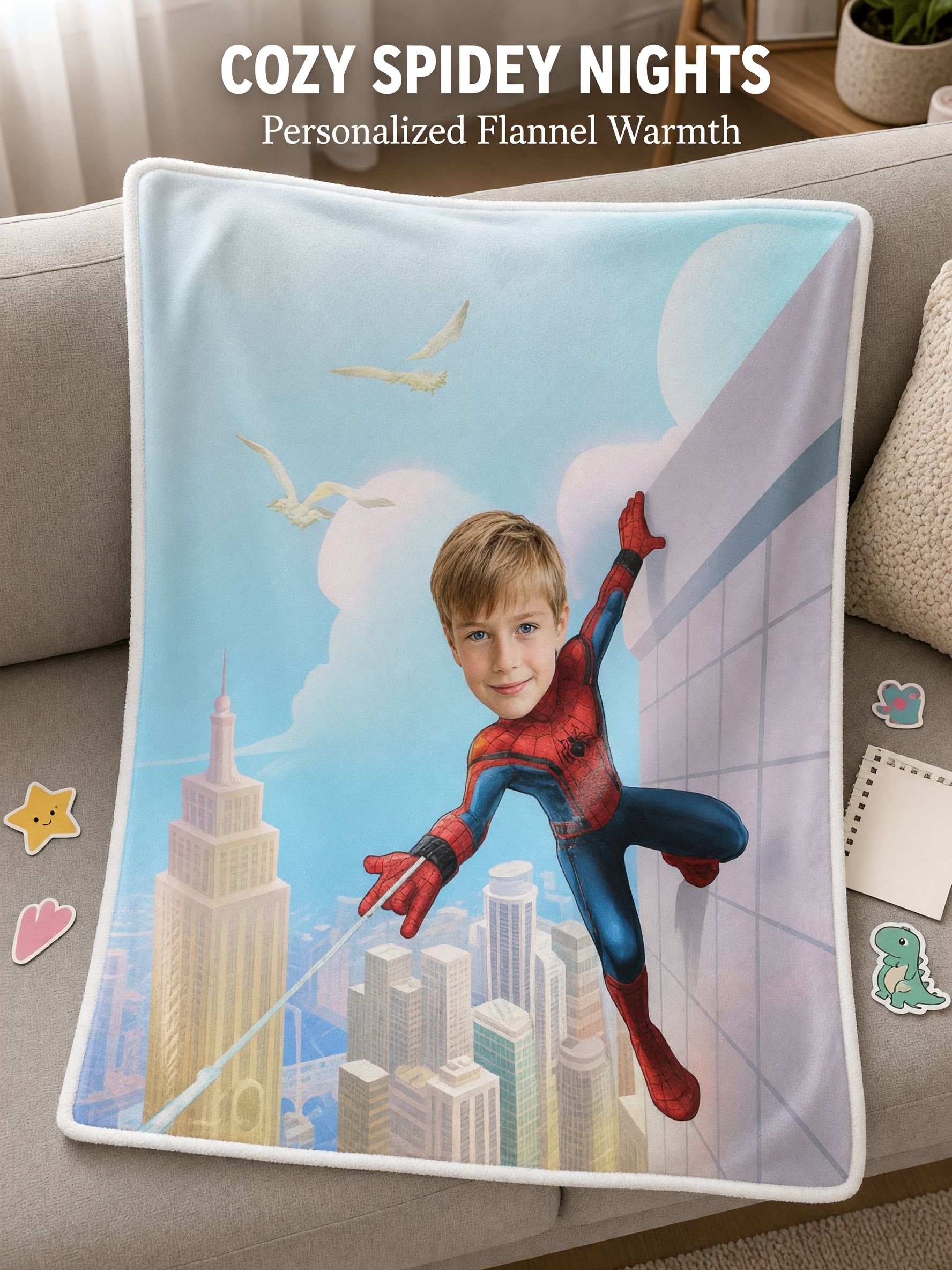 Custom Photo Superhero Flannel Fleece Blanket Personalized Face Portrait Throw for Kids Bedroom Gift