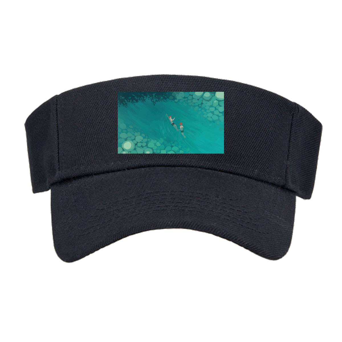 Two swimmers glide through a serene, rocky underwater tunnel. -  Visor cap