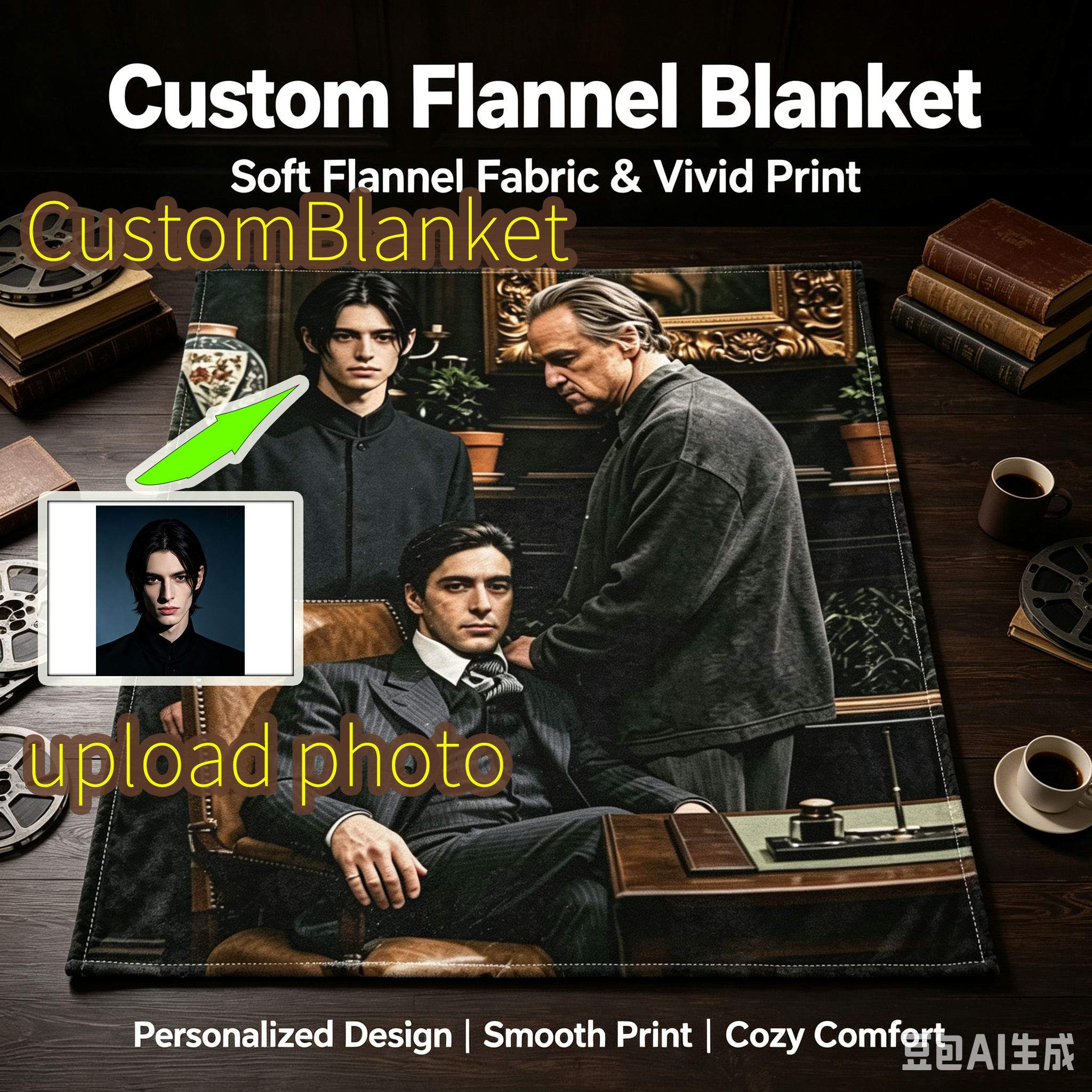 Custom Face Blanket Featuring Elegant Men in Classic Study Scene Flannel Blanket for Cozy Living Room or Office Gift Idea