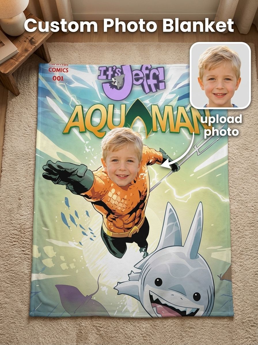 Custom Face Superhero Comic Book Flannel Blanket, Personalized Photo Soft Plush Fleece Throw for Kids and Adults