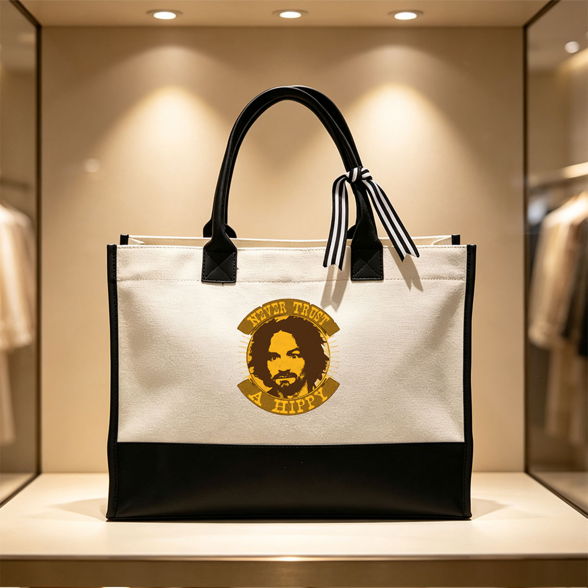 Never Trust a Hippy - Iconic Portrait Design - Canvas patchwork gift tote bag