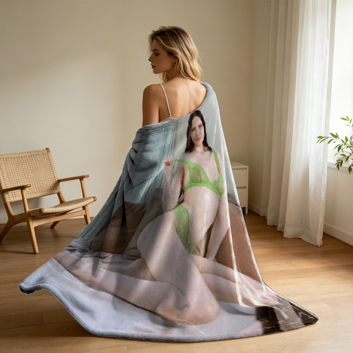 Blonde woman in beige lingerie drinking coffee in kitchen. - Blanket
