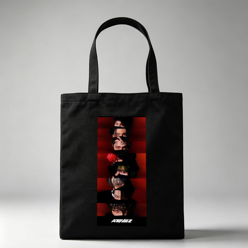 ATEEZ Dark Red Background Vertical Portrait Collage with Members' Eyes and Hair Details - Canvas tote bags