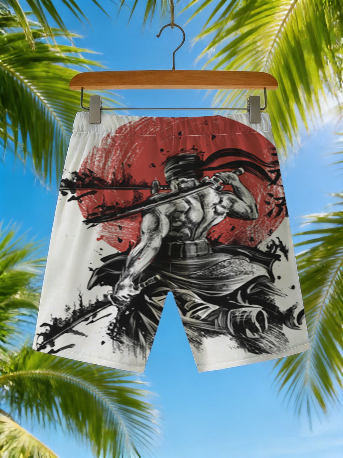 Samurai Warrior with Three Swords Against Red Sun Background -  Beach shorts