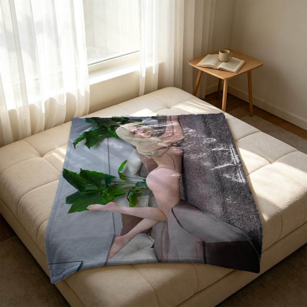 Elegant Asian beauty in sheer black lace lingerie and stockings. - Blanket