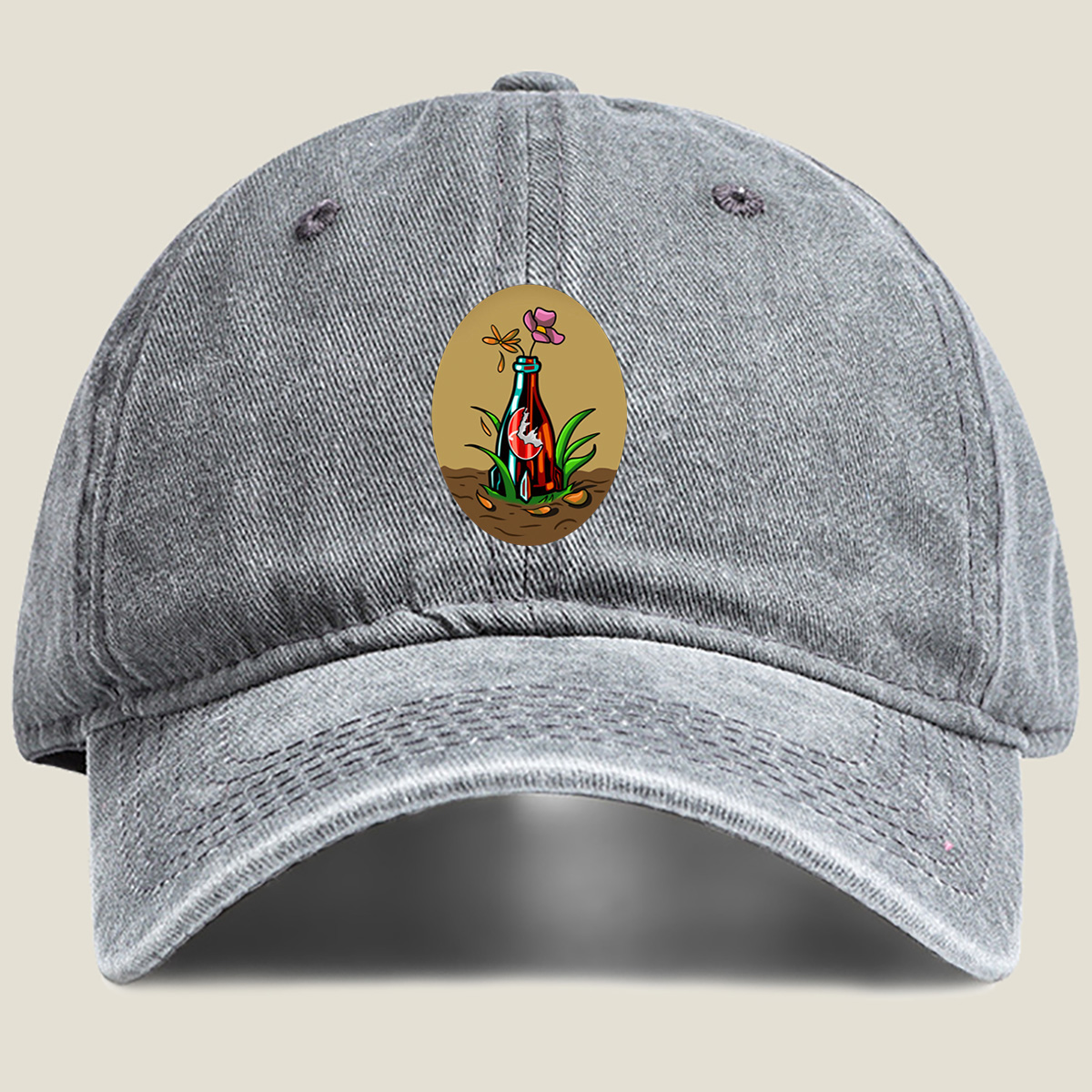 Bottle Garden with Flower and Dragonfly - Washed Denim - Baseball Cap