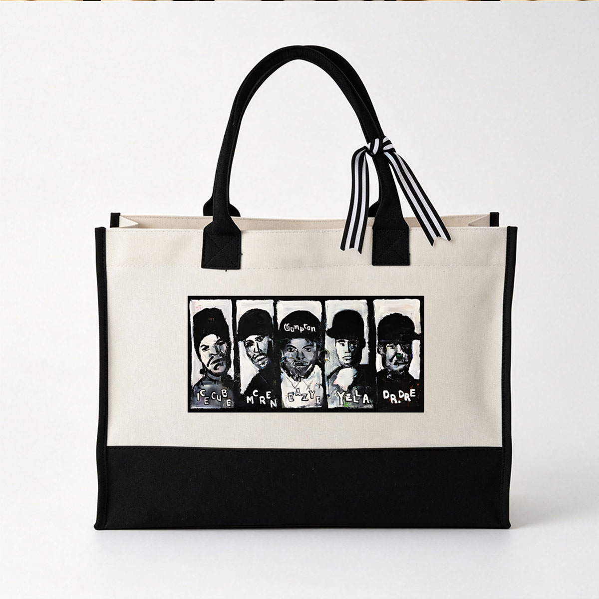 N.W.A. Members: Ice Cube, MC Ren, Eazy-E, Yella, Dr. Dre – Iconic Rap Group Portraits - Canvas patchwork gift tote bag