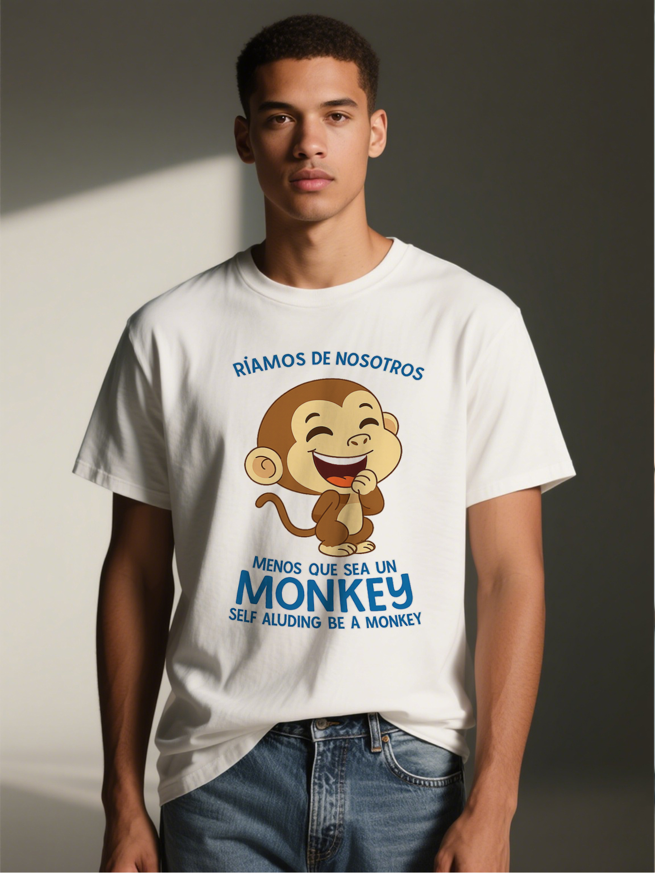 Men's Printed T-Shirt Featuring Laughing Monkey Cartoon with 