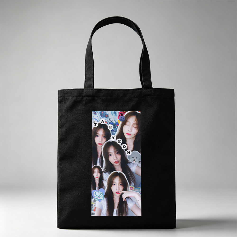 TAEYEON Collage Portrait Featuring Multiple Expressive Selfies with Playful Stickers and Text Overlay - Canvas tote bags