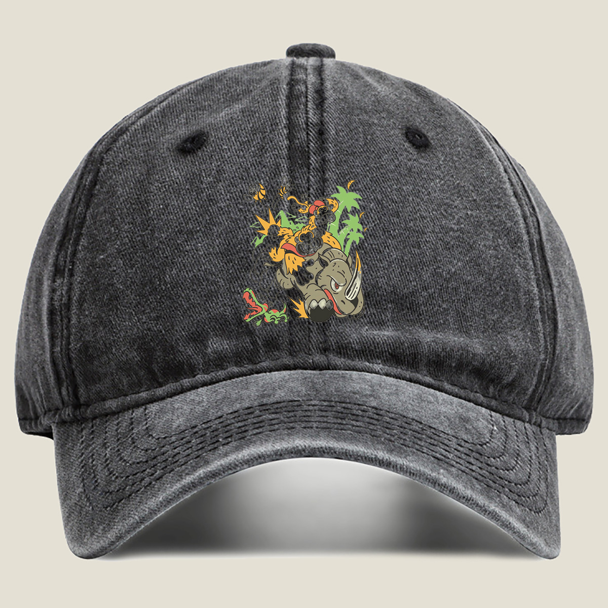 Donkey Kong and Diddy Kong Ride a Rhinoceros Through Jungle Chaos - Washed Denim - Baseball Cap