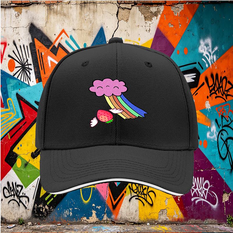Unisex Classic Sandwich Hat with Strawberry Wings and Rainbow Cloud Print | Perfect for Casual Outings, Festivals, and Everyday Wear | Ideal for Teens and Adults Seeking Fun, Colorful Headwear
