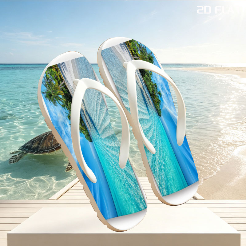 Tropical Beach with Crystal Clear Water and Palm Trees -  flip-flops