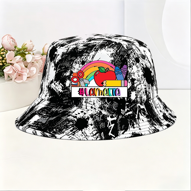 Unisex Classic Graffiti Bucket Hat with Rainbow Apple Crayon Scissors Print #LAMAAETA - Perfect for Casual Outings, School Events, and Art Activities - Ideal for Teens and Adults Who Love Creative Streetwear Style