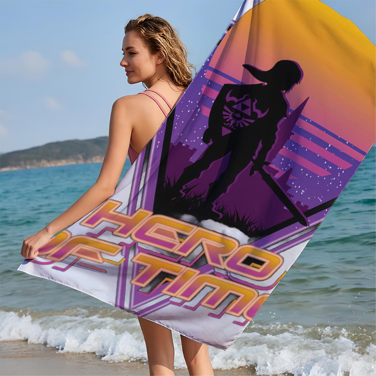 Hero of Time: Link Silhouette in Retro Sunset Scene - Beach towels