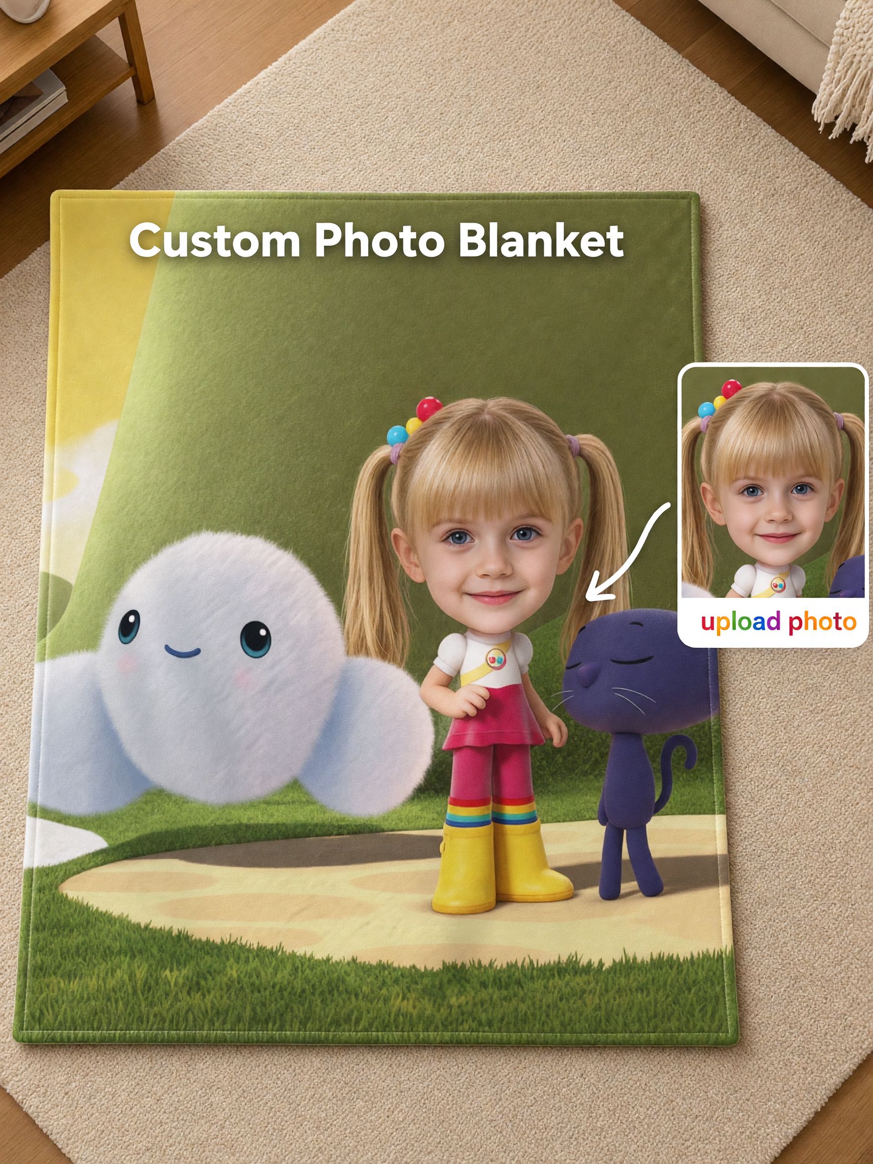 Custom Face Photo Blanket Personalized Cartoon Flannel Throw, Ultra Soft Skin Friendly Cozy Gift for Kids and Family