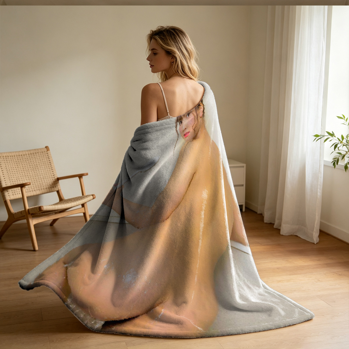 Nude woman with white lace shawl and sheet in forest - Blanket