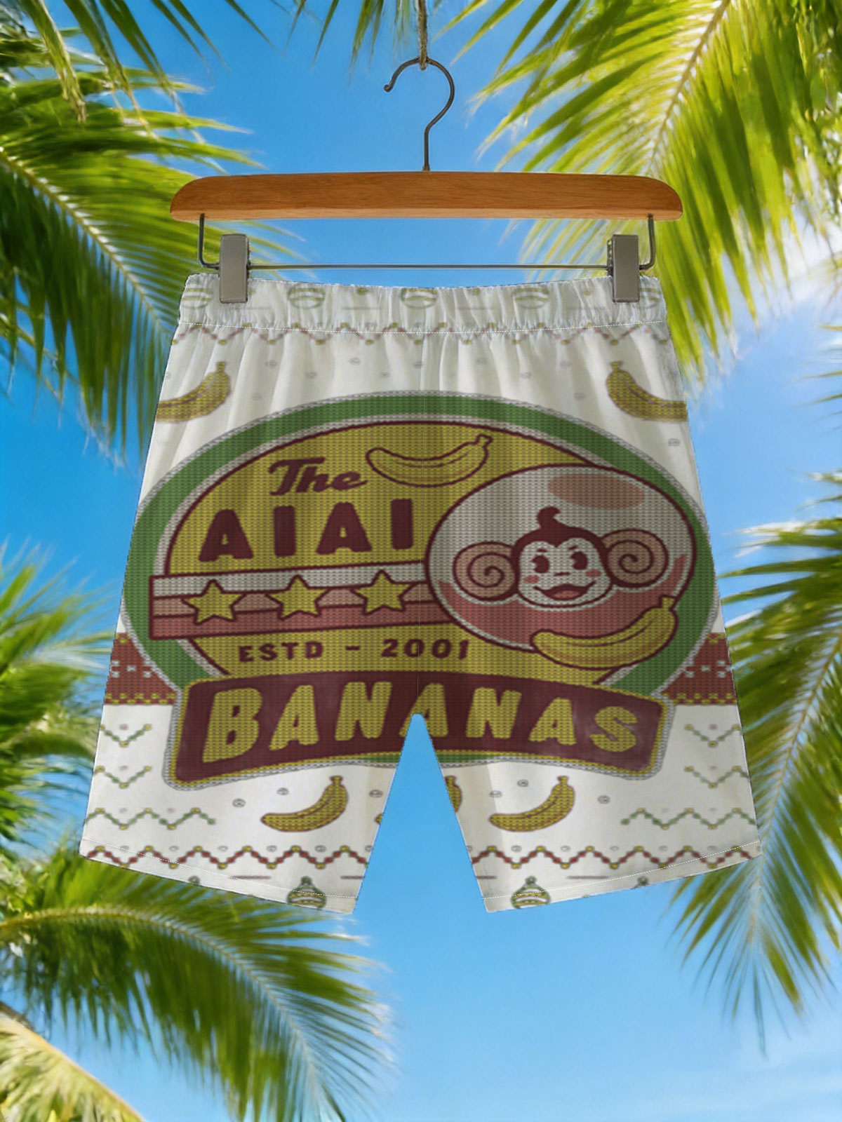 The AIAI Bananas - Est. 2001, Monkey Logo with Bananas and Festive Pattern -  Beach shorts