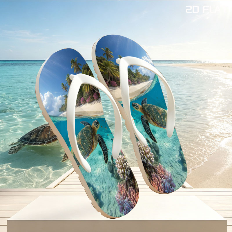 Sea Turtle Swims Near Coral Reef and Tropical Beach -  flip-flops