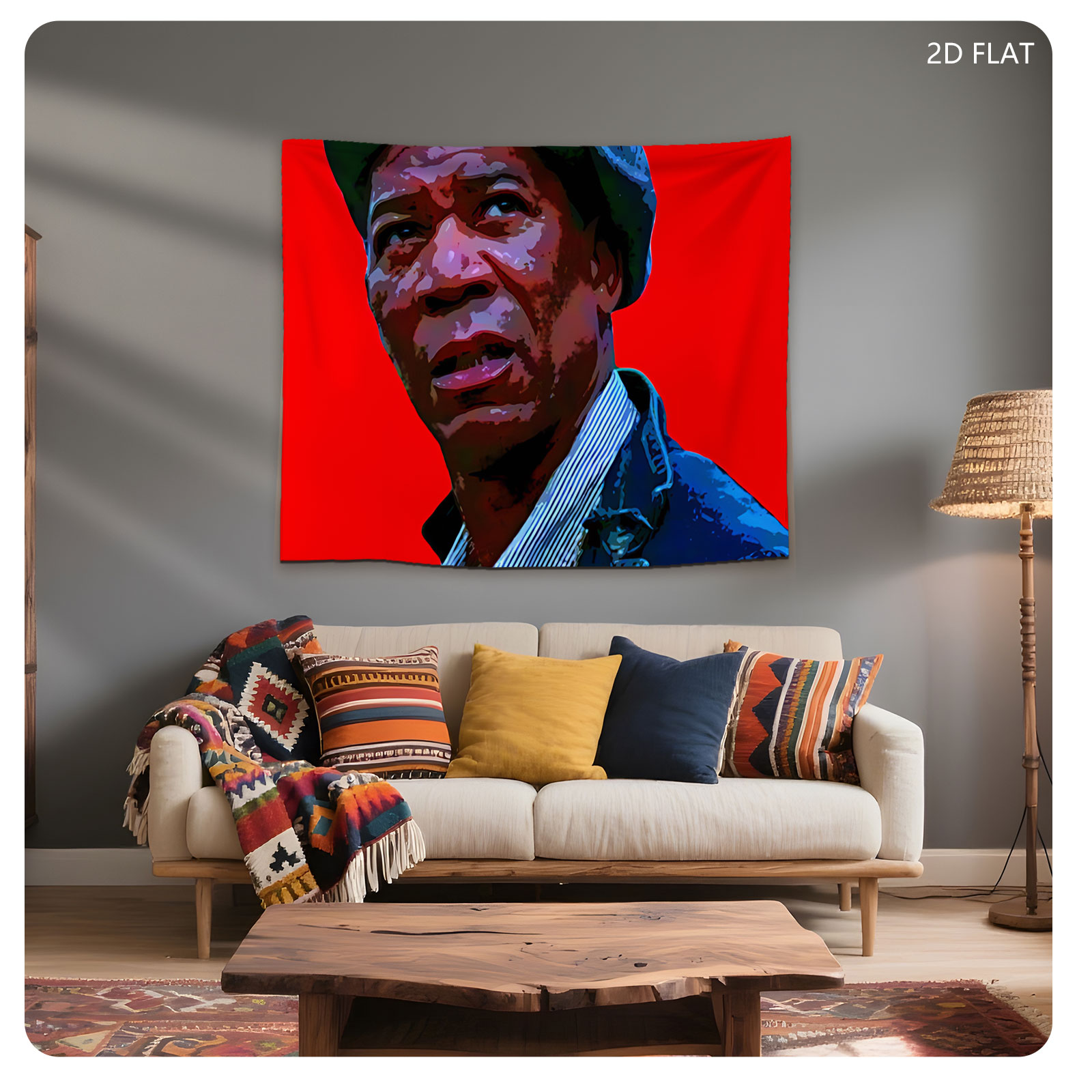 Morgan Freeman in a blue cap and jacket against a red background - Tapestry