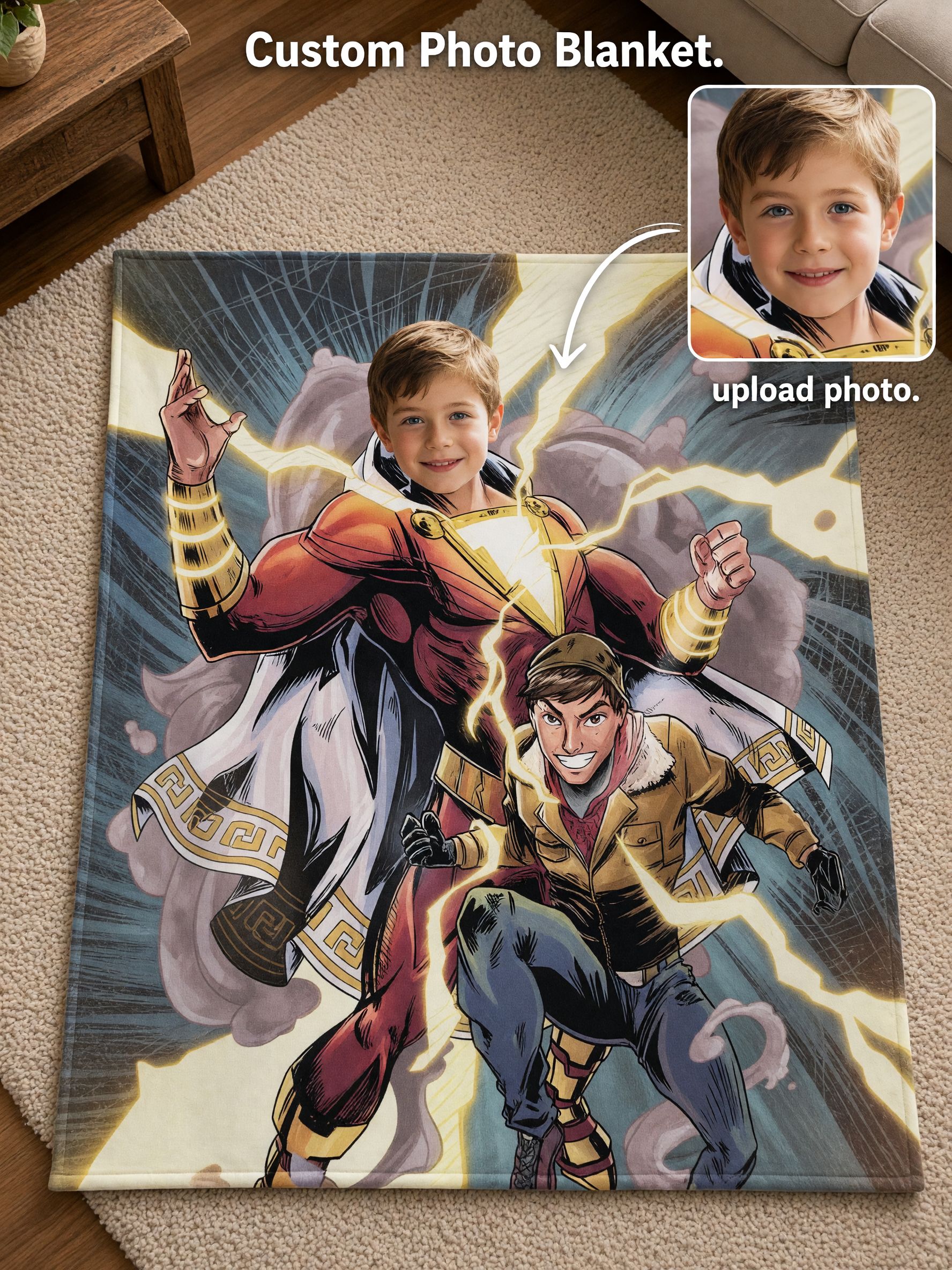 Custom Photo Superhero Flannel Blanket, Personalized Face Throw for Kids and Adults, Cozy Plush Comic Gift