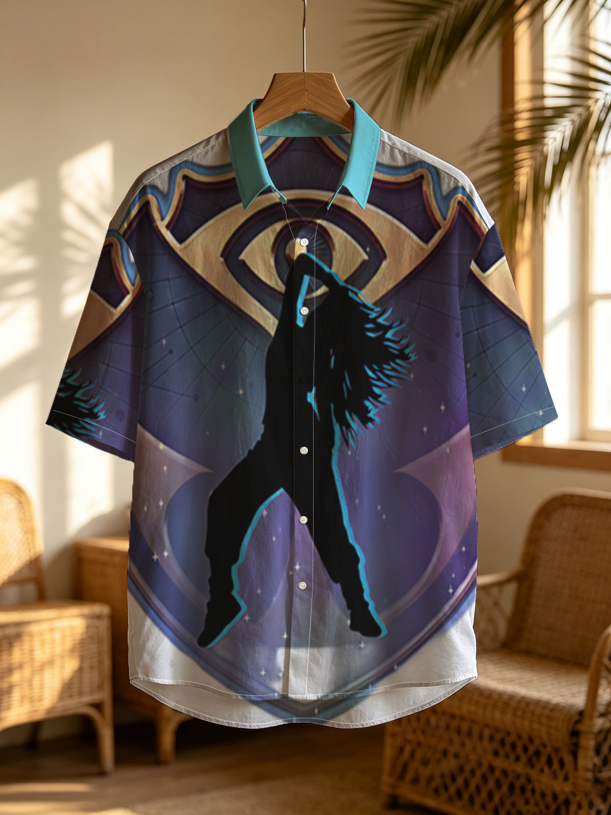 Silhouette of a dancer in front of an eye emblem, cosmic background -  Shirt