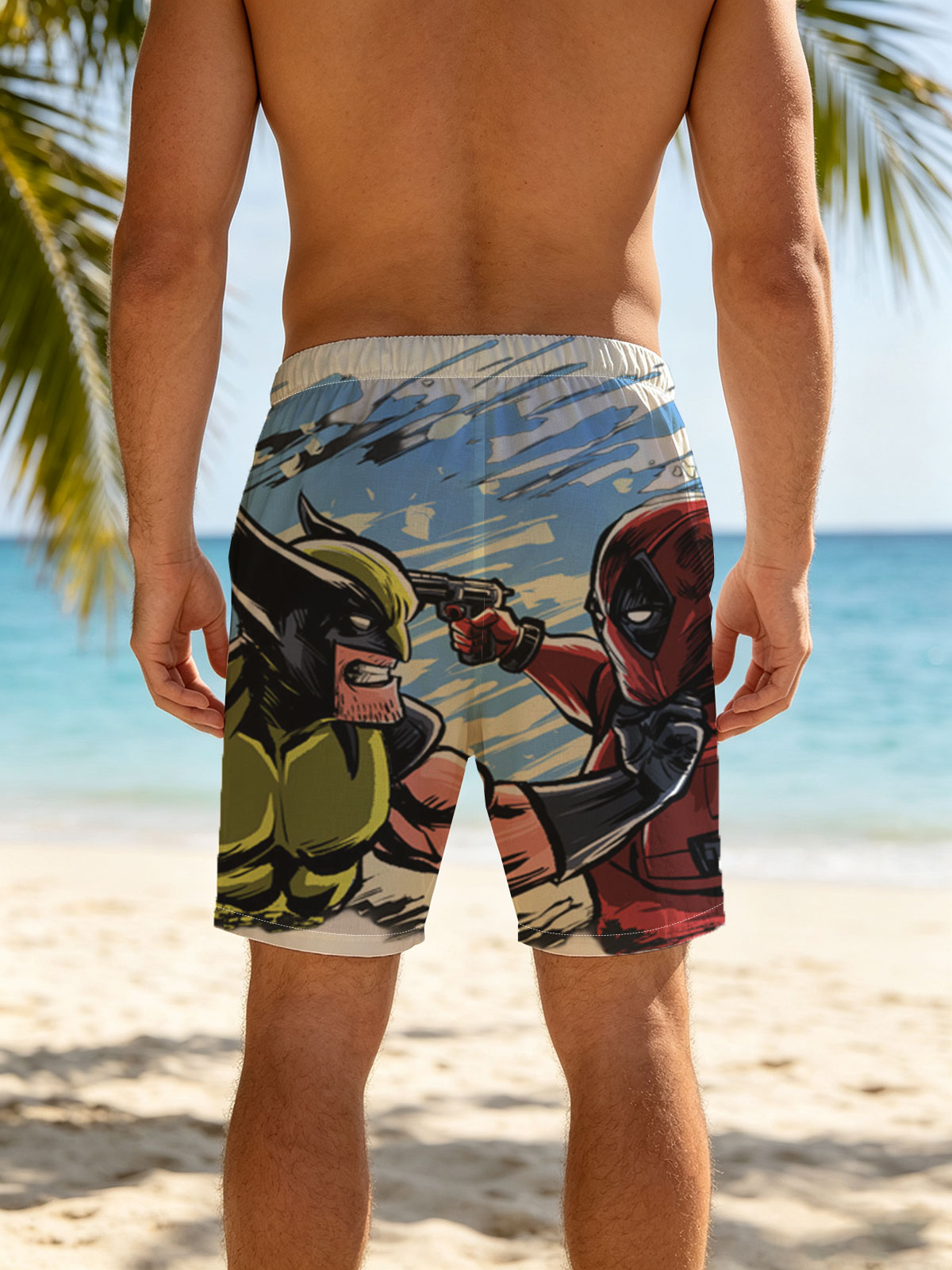 Wolverine vs Deadpool: Intense Face-Off in Comic Style -  Beach shorts