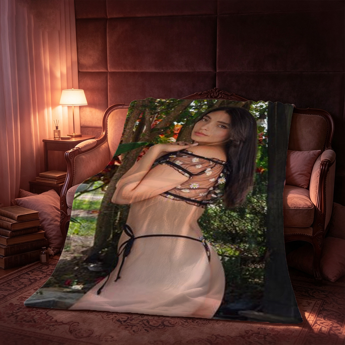 A woman with long black hair in black lingerie and stockings, posing sensually on a white table. - Blanket