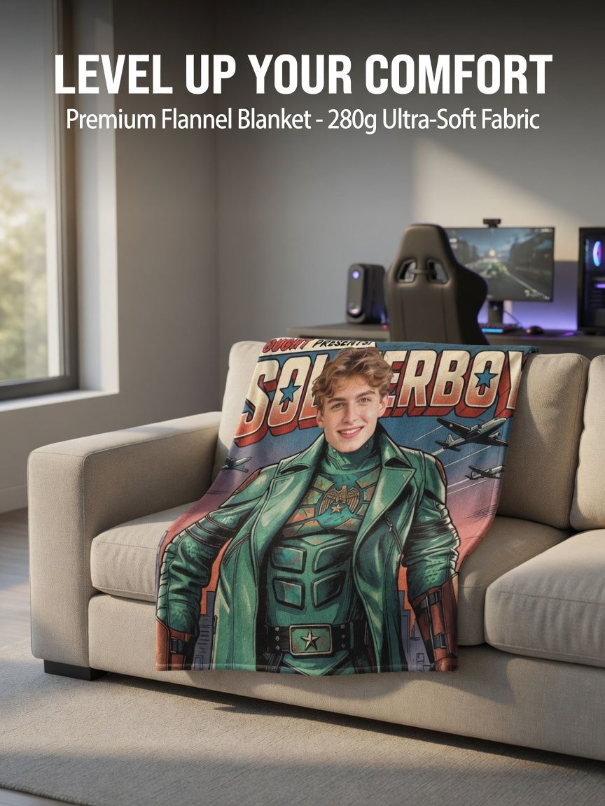 Personalized Custom Face Flannel Blanket Vintage Comic Hero Poster Ultra Soft Warm Throw for Couch Bed Travel Gift