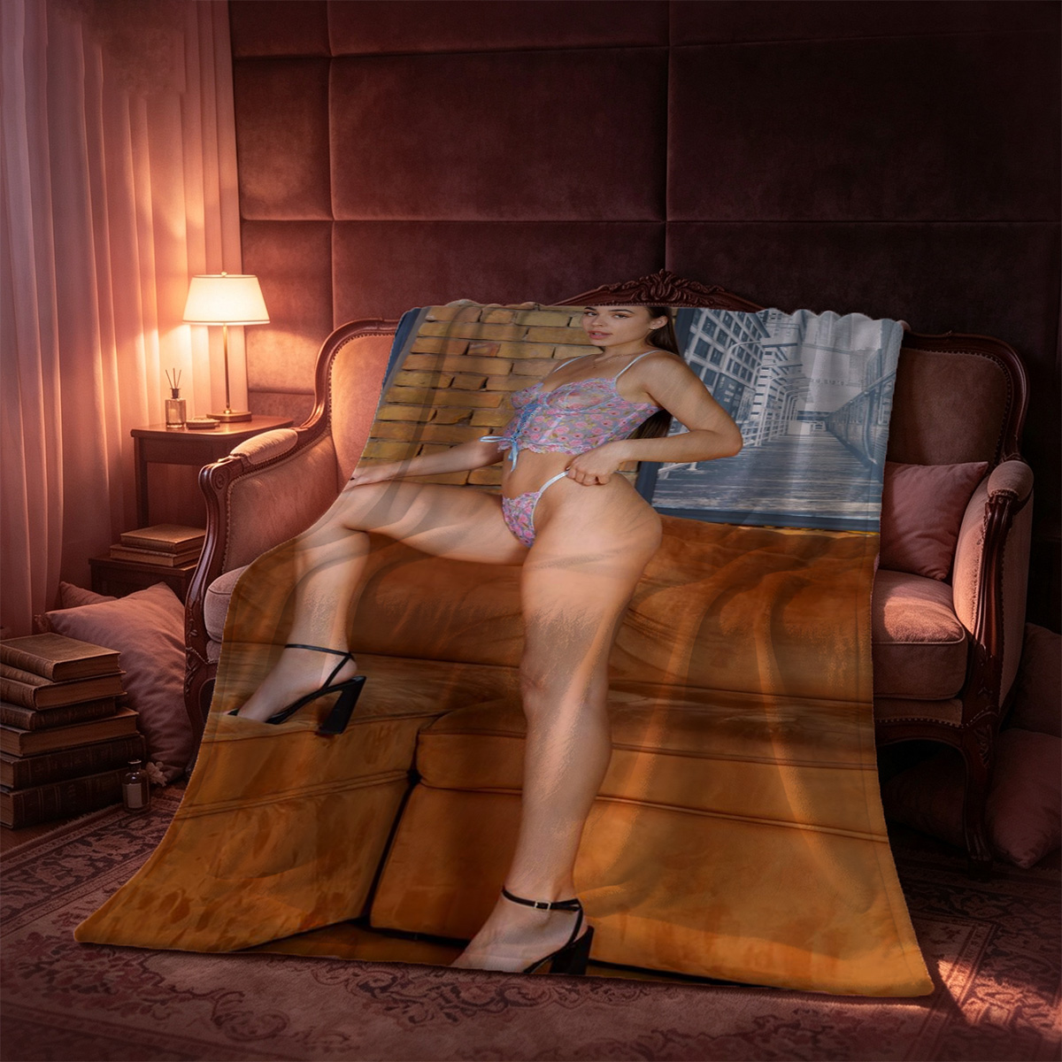 Nude Brunette in Yoga Pose on Rug - Blanket