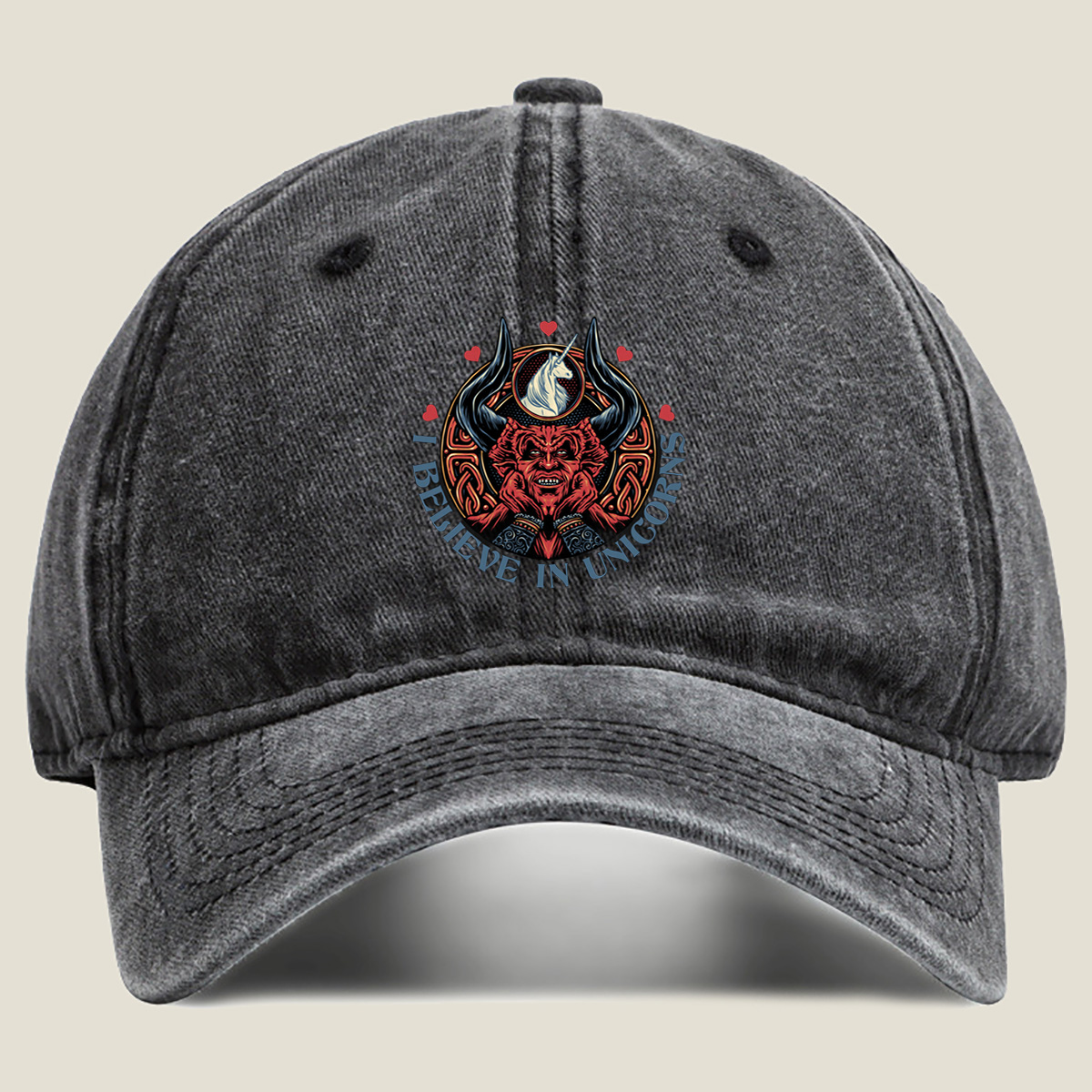 I Believe in Unicorns - Devil and Unicorn Design - Washed Denim - Baseball Cap
