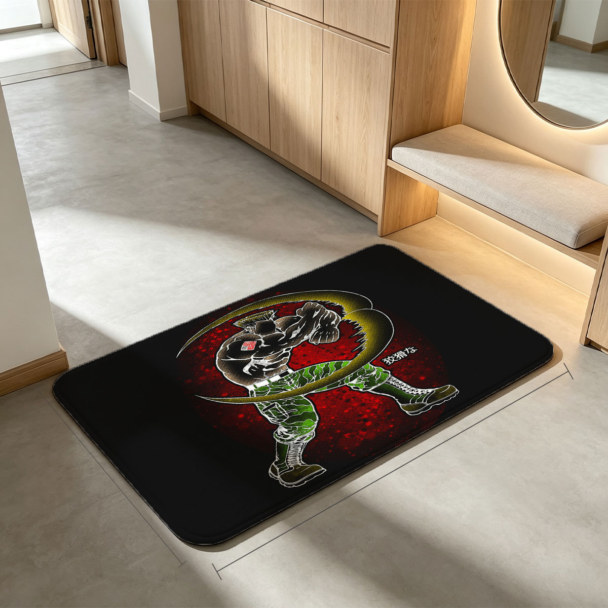 Muscular Soldier with Crescent Moon and Japanese Text - Flannel floor mat