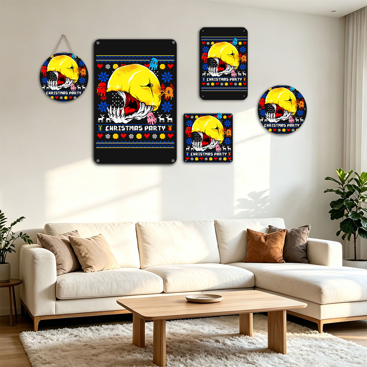 Pac-Man Christmas Party with Ghosts and Holiday Patterns - painting