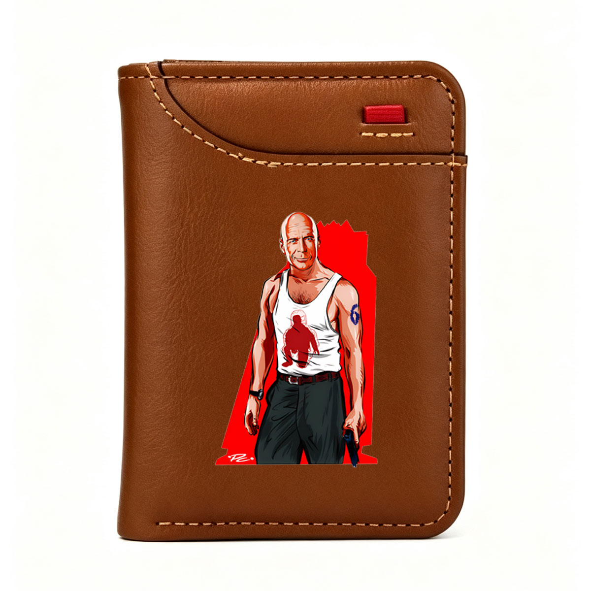Bruce Willis as John McClane in Die Hard, wearing a tank top with a red silhouette and holding a gun, set against a bold red background. - Vertical Style Wallet