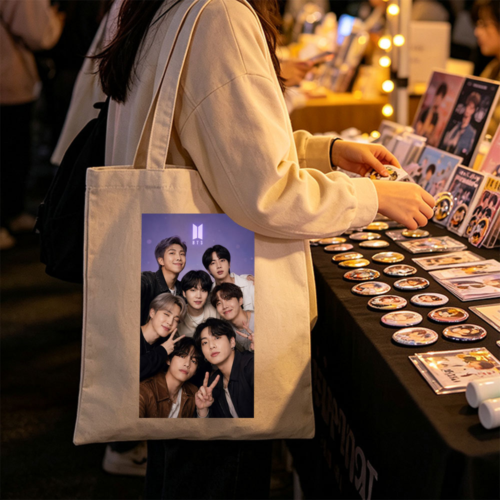 BTS Group Photo - Seven Members Posing Together with Peace Signs and Smiles Against a Purple Background - Canvas tote bags