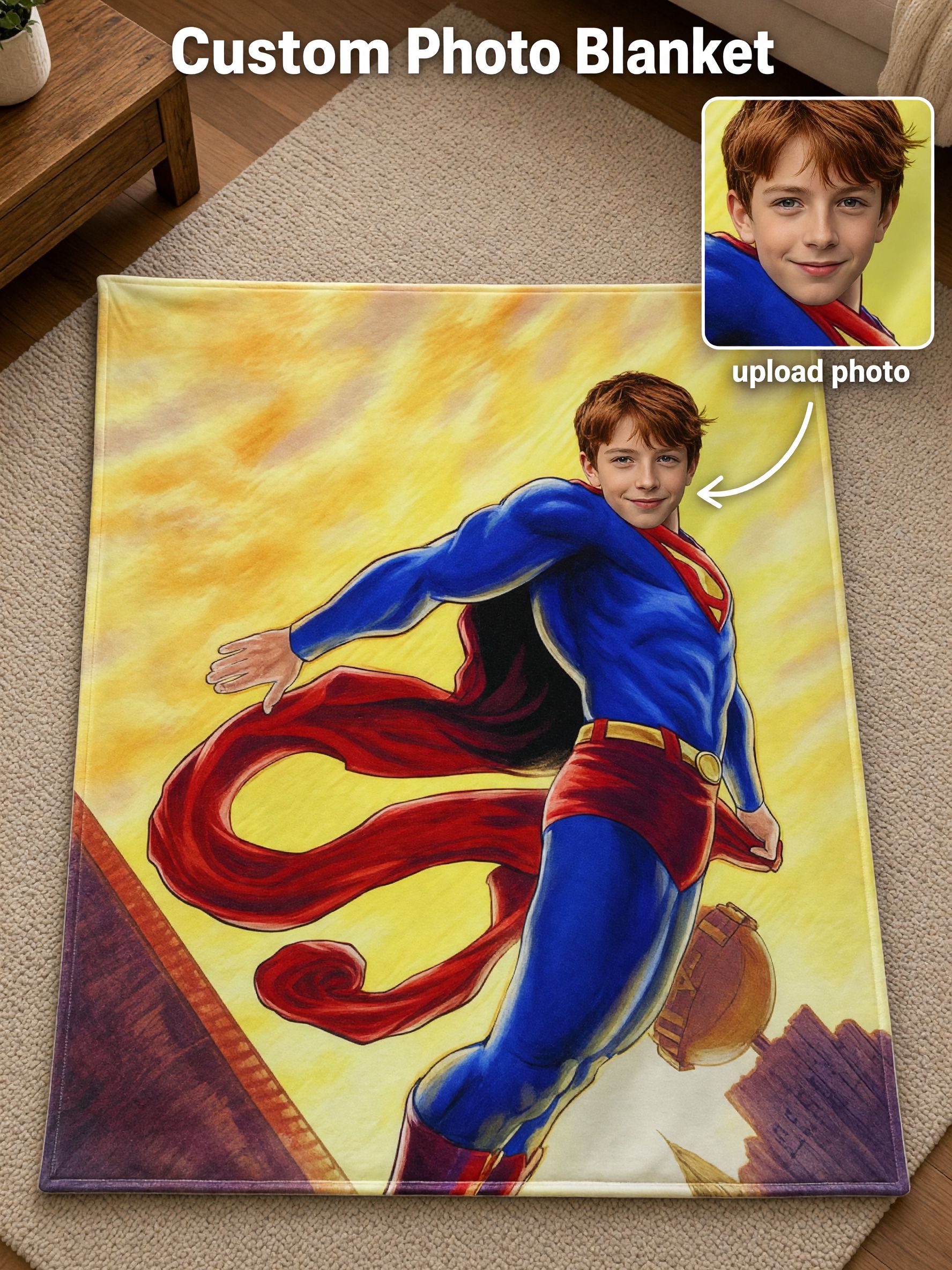 Personalized Superhero Face Photo Blanket, Ultra Soft Warm Flannel Throw, Ideal Cozy Custom Gift for Kids and Adults