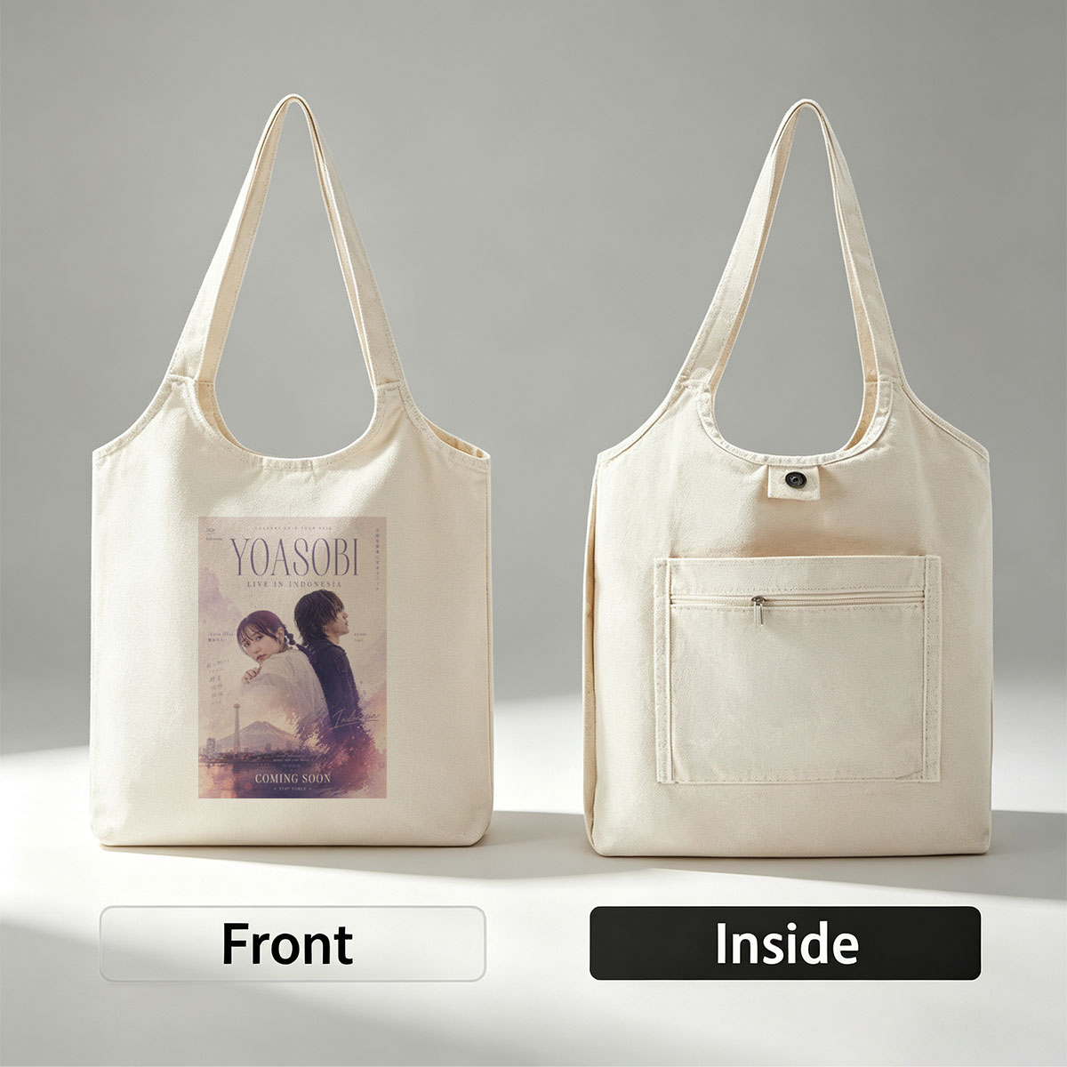 YOASOBI Live in Indonesia Concert Poster Featuring Ikuta Lilas and Ayase with Mount Fuji and Cityscape Background - Canvas shoulder bags/