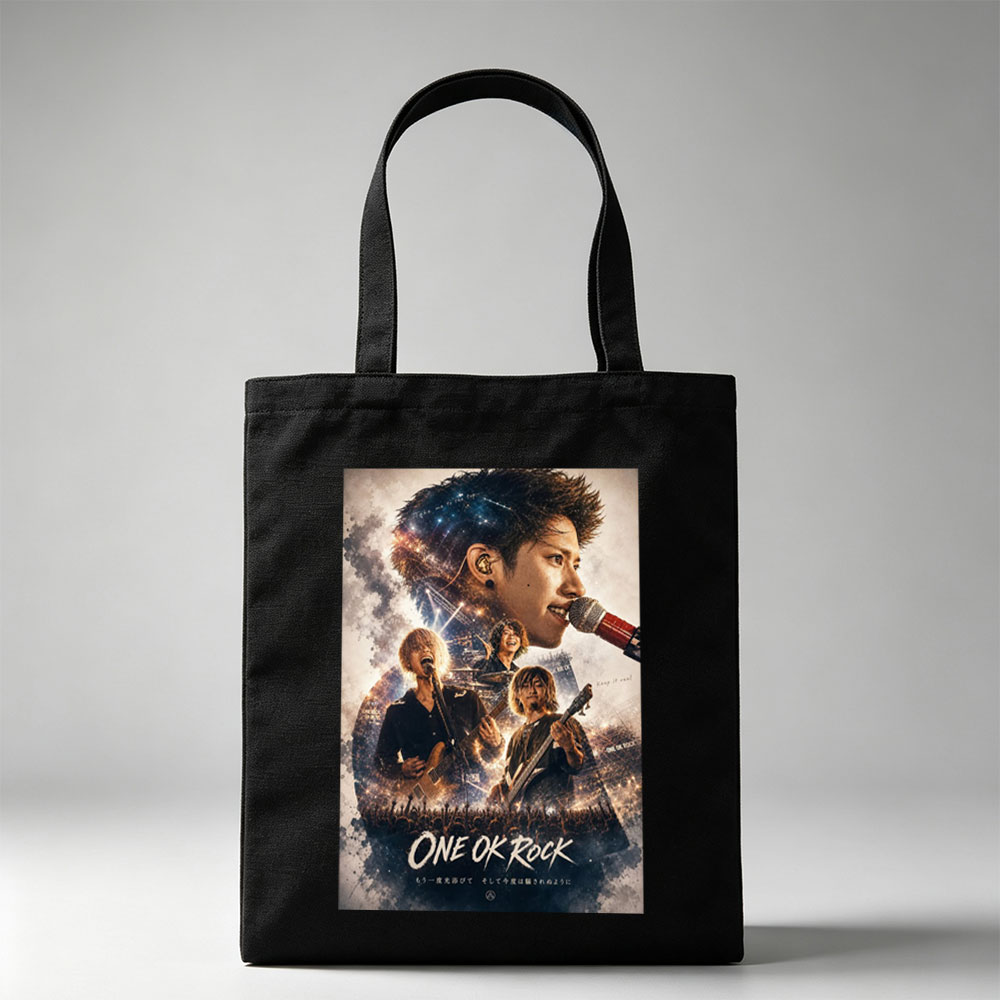 ONE OK ROCK Live Concert Performance with Band Members on Stage and Crowd in the Background - Canvas tote bags