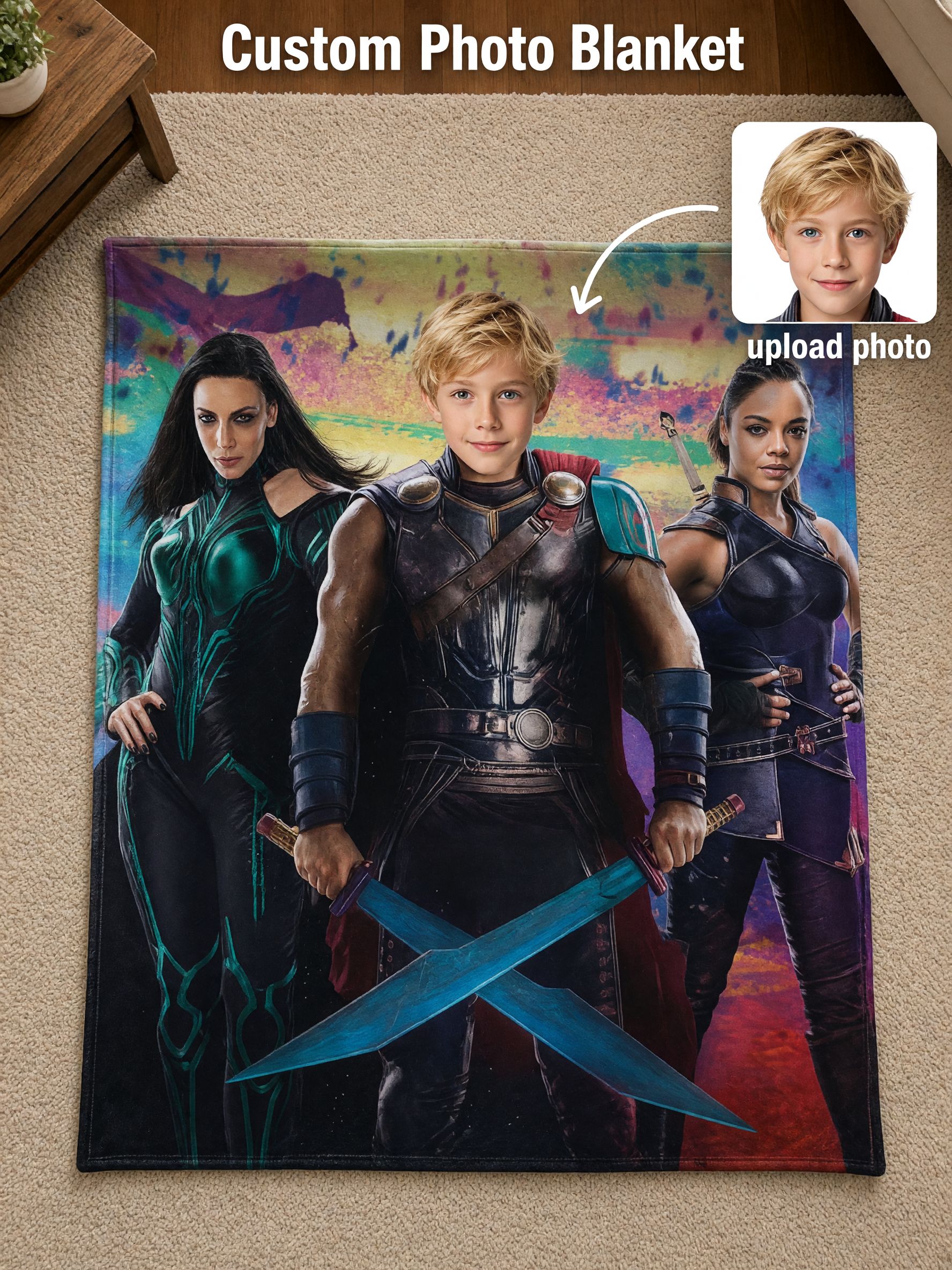 Custom Face Photo Superhero Flannel Throw Blanket Ultra Soft Anti Pilling Plush Personalized Gift for Bed Sofa