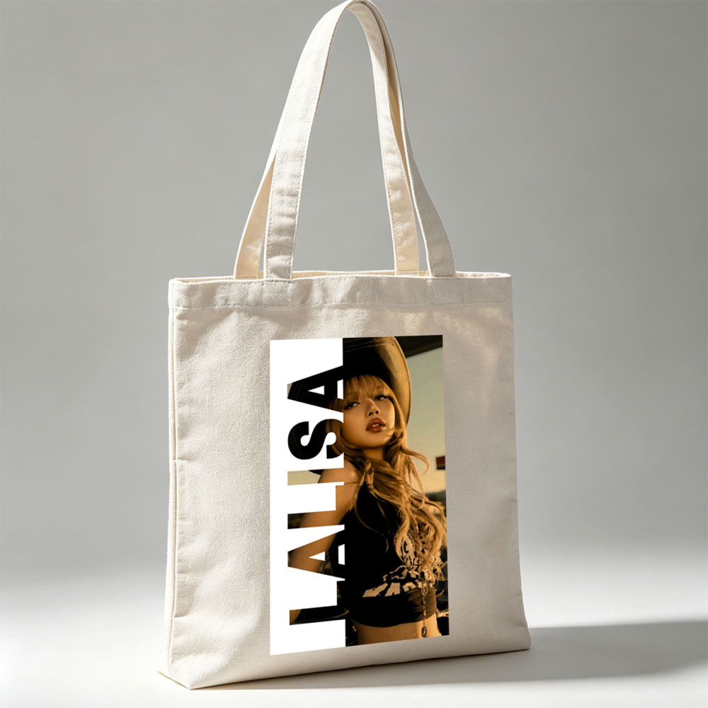 Lisa in a stylish hat and black outfit with bold text overlay - Canvas tote bags