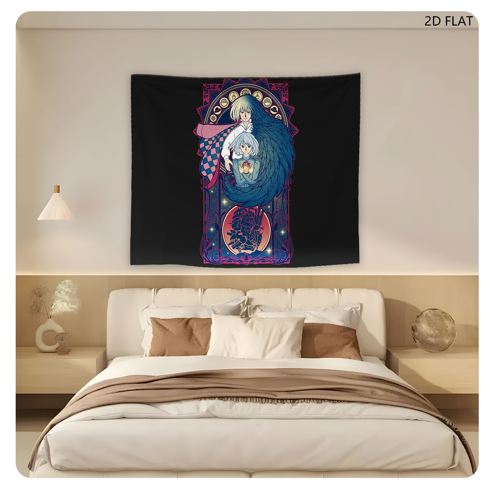 Yuno Gasai and Yuki Nagato in a mystical embrace, framed by celestial symbols and a glowing heart, from the anime 