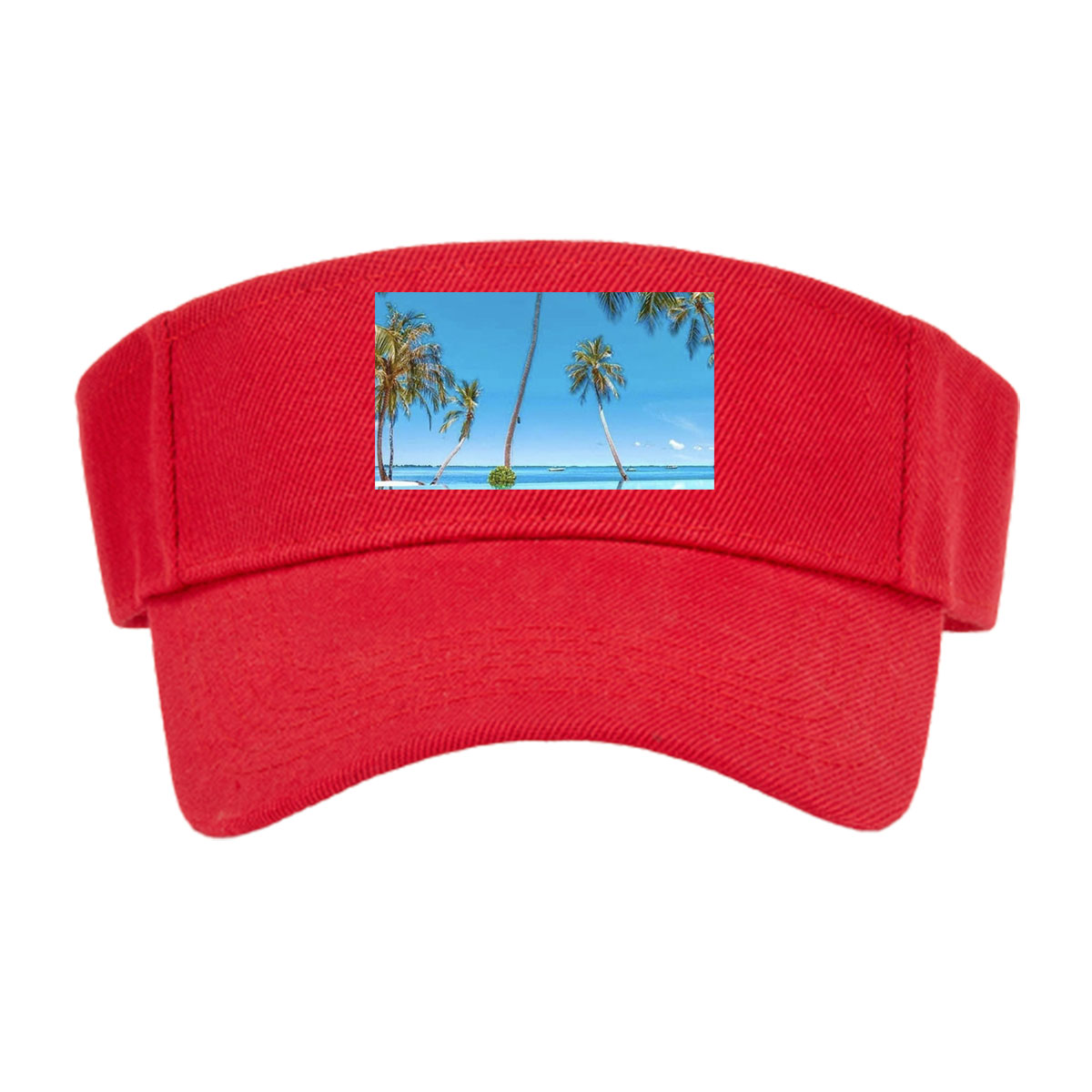 Tropical palm trees reflected in crystal-clear infinity pool under a vibrant blue sky. -  Visor cap