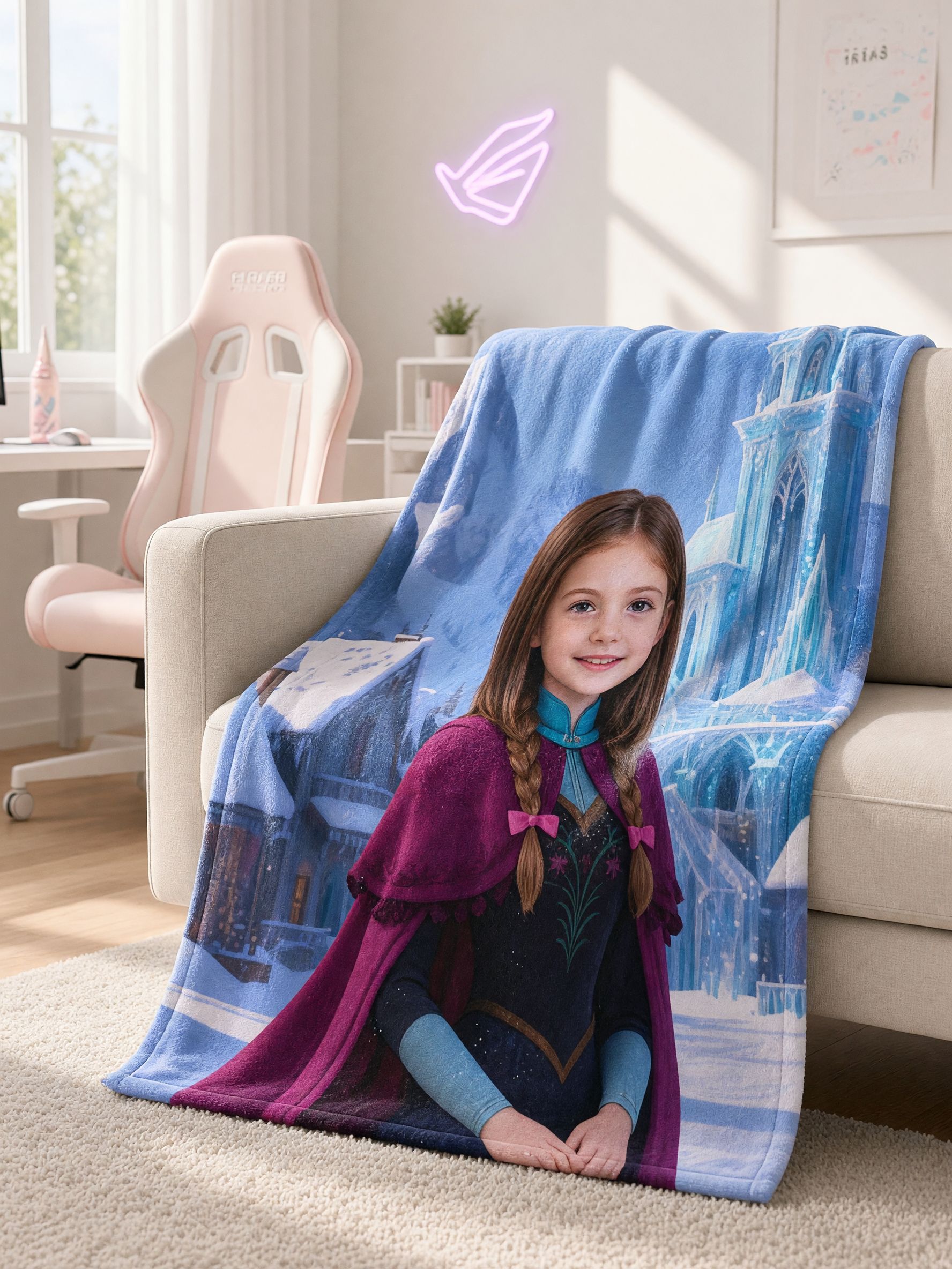 Custom Photo Face Blanket Personalized Winter Princess Castle Flannel Throw Ultra Soft Bed Couch Keepsake Gift