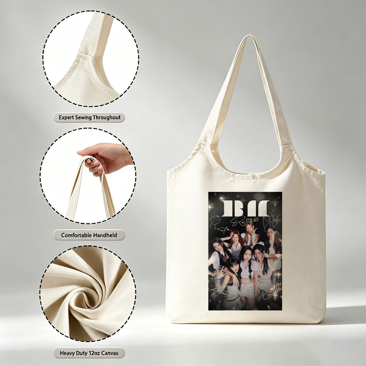 BABYMONSTER Group Photo with Members in Coordinated Outfits and Signatures on a Sparkling Background - Canvas shoulder bags/