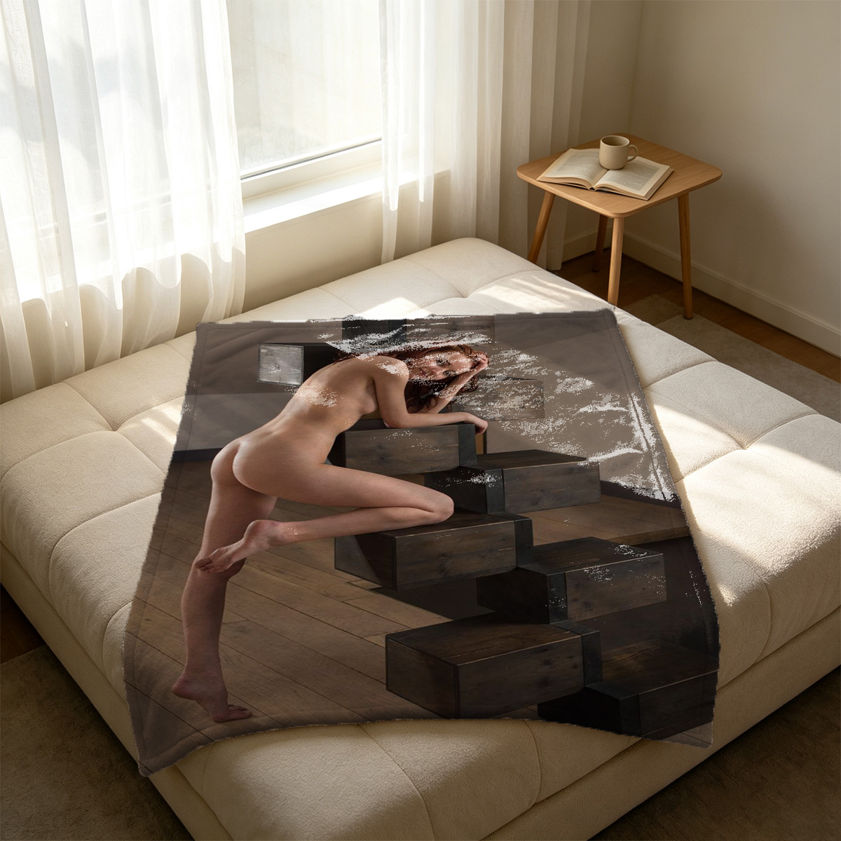 Nude woman with back tattoo stretching on couch - Blanket